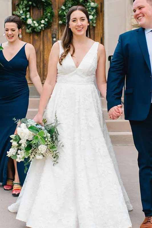 Mega Sale V-Neck Lace Back White Wedding Dress with Appliques