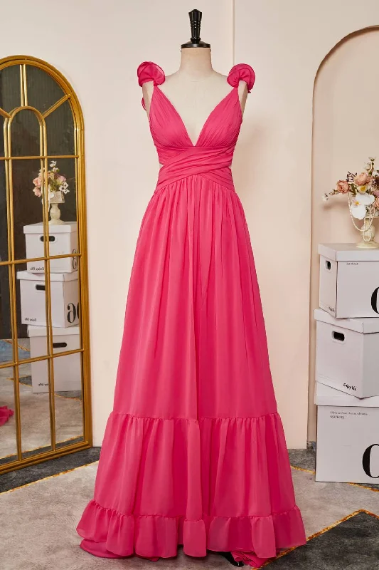 Hurry In Plunging V-Neck Hot Pink Ruffled Straps A-Line Prom Dress