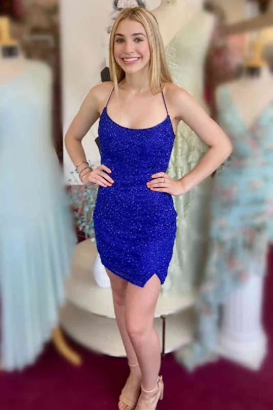 Markdown Madness Tie Straps Royal Blue Beaded Bodycon Homecoming Dress