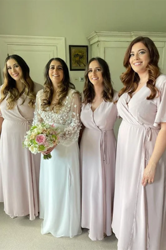 Sneak Peek Sale A-Line Pink Chiffon Bridesmaid Dress with Tie Belt