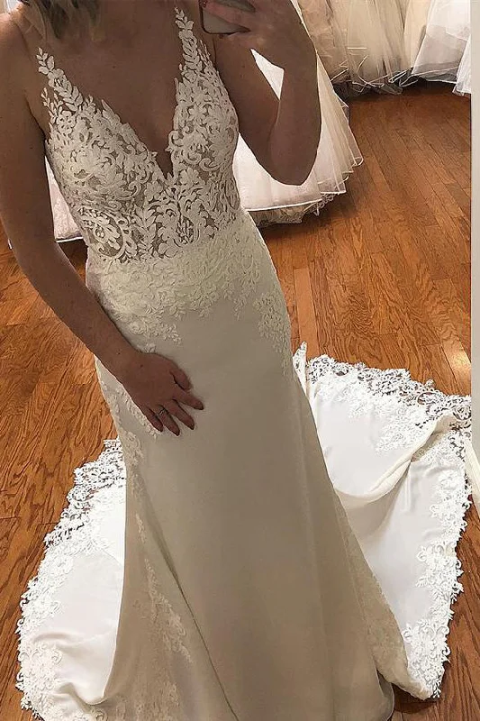 Final Clearance Sheath Long V-Neck Mermaid Ivory Wedding Dress with Lace