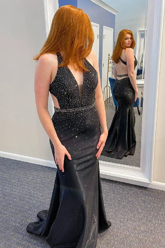 Take Advantage Plunging V-Neck Backless Long Black Prom Dress with Beads
