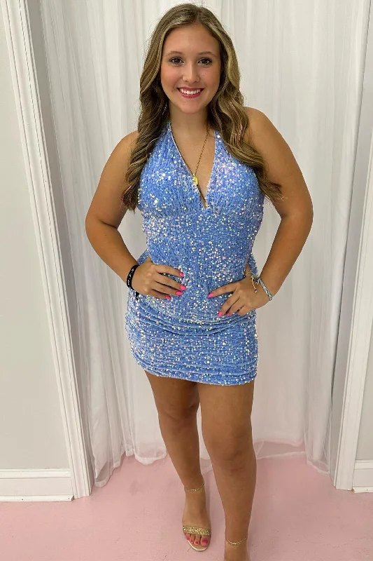 Seasonal Clearance Halter Light Blue Sequin Bodycon Homecoming Dress