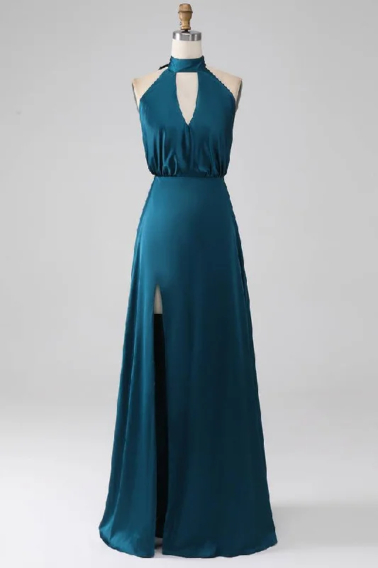 Discount Deals Teal High Neck Keyhole A-Line Slit Maxi Dress