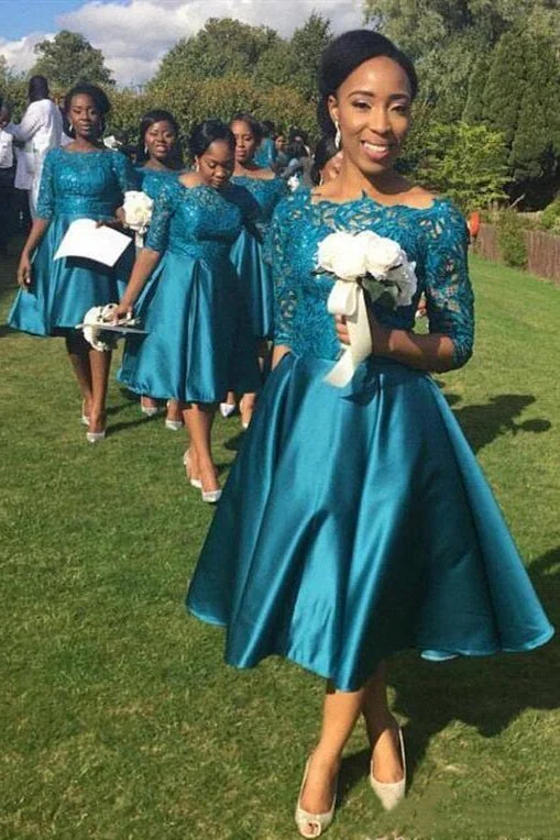 Grand Opening Sale Tea-Length Half Sleeves Dark Turquoise Bridesmaid Dress
