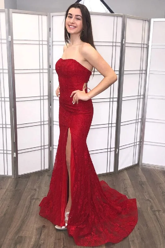 Can't Be Beat Red Lace Mermaid Long Prom Dress with Slit
