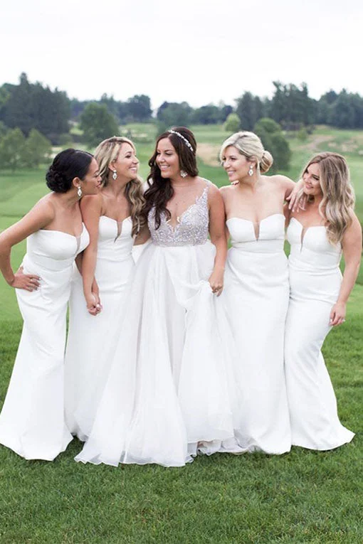 Super Bargain Strapless Mermaid White Long Bridesmaid Dress