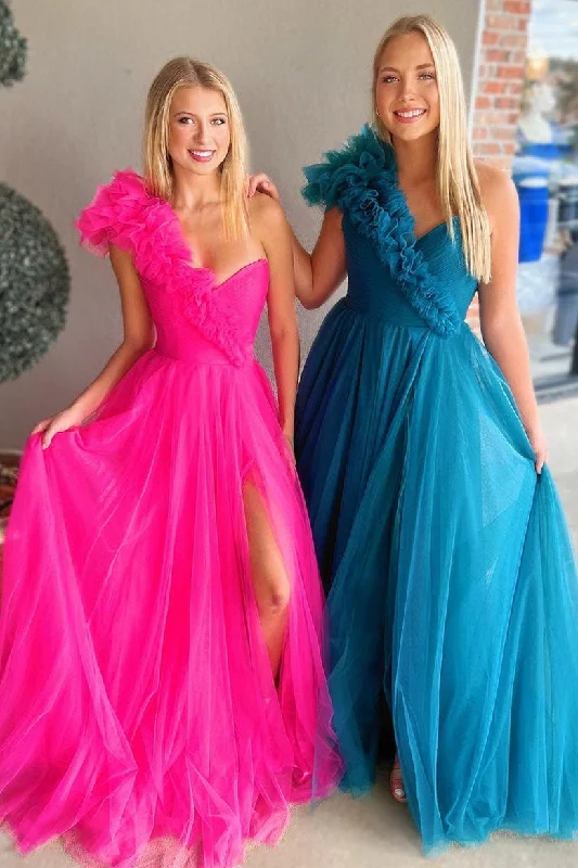 Amazing Deals Princess Ruffled One Shoulder A-Line Tulle Prom Dress
