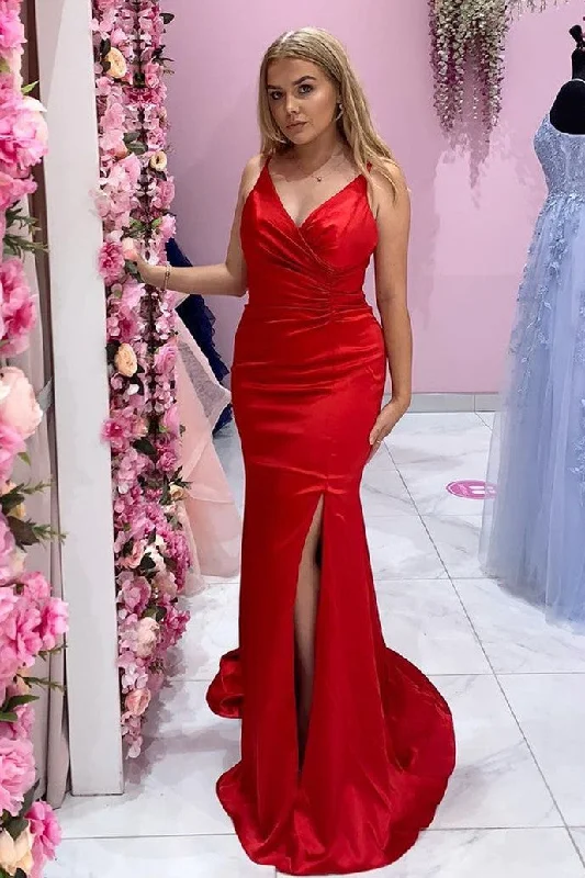 Year-End Sale Classic Red Backless Long Prom Dress with Slit