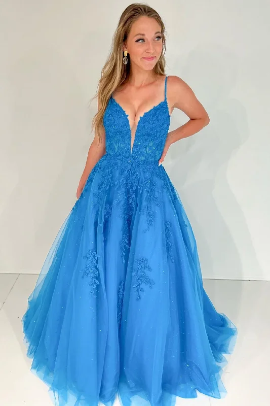Price Blitz Blue A-line Plunging Neck Straps Long Prom Dress with Appliques