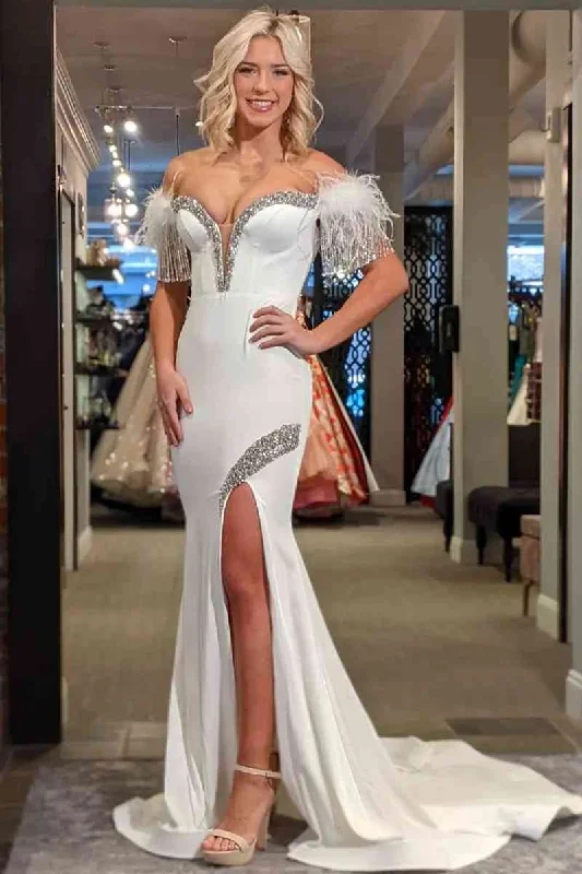 Overstock White Off-the-Shoulder Tassel Mermaid Prom Dress with Slit