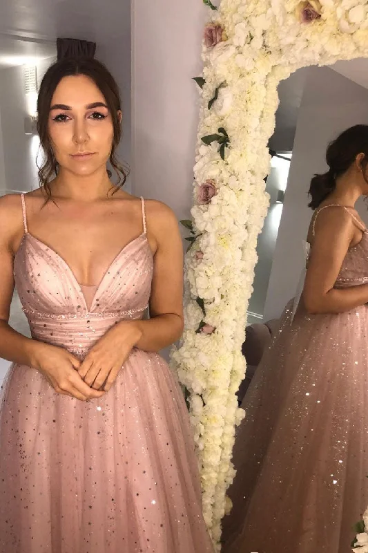 Markdowns A-Line Straps Empire Pink Long Tulle Prom Dress with Sparkles