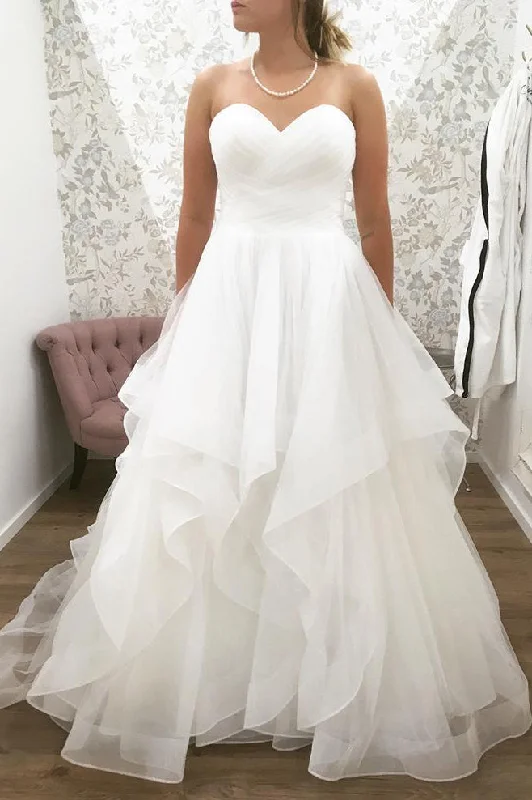 Weekend Deal Floor Length Sweetheart A-line White Bridal Dress with Ruffles