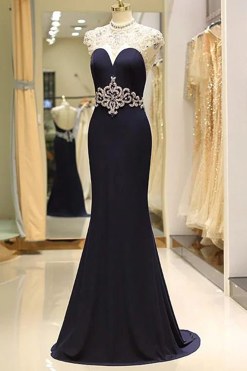 Clearance Items High Neck Navy Blue Appliques Long Prom Dress