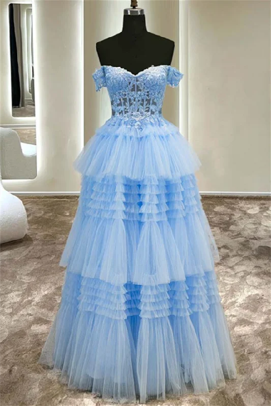 Factory Direct Sale Light Blue Off-the-Shoulder Appliques Multi-Layers Tulle Long Prom Dress