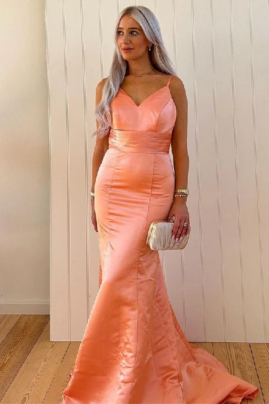 Sneak Peek Sale Mermaid Orange V-Neck Satin Long Bridesmaid Dress