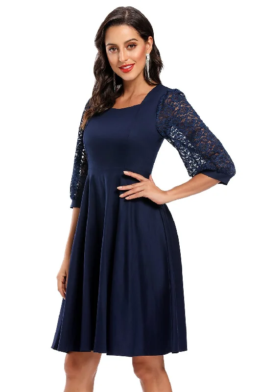 Major Savings Square Neck Navy Blue Short Party Dress with Long Sleeves