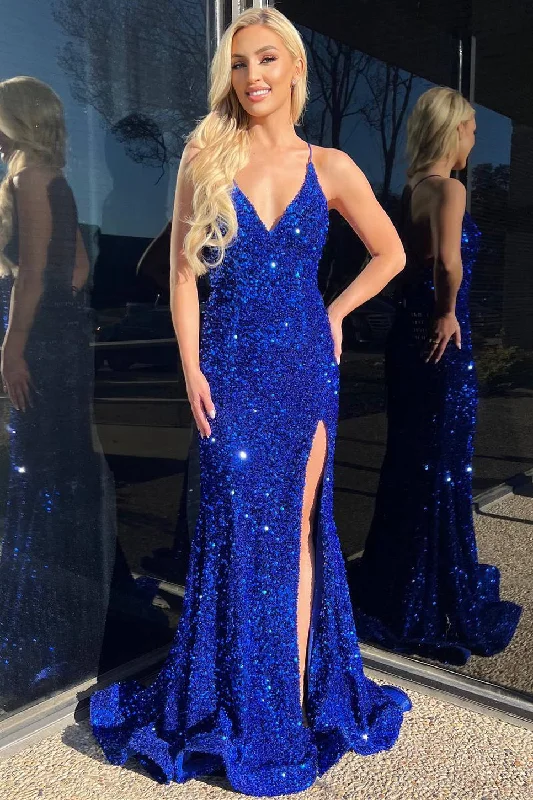 YEAR-End Sale Strapls V-Neck Royal Blue Sequin Slit Mermaid Prom Dress