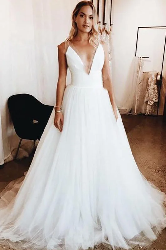 Price Buster Long Deep V-Neck Empire A-line White Wedding Dress