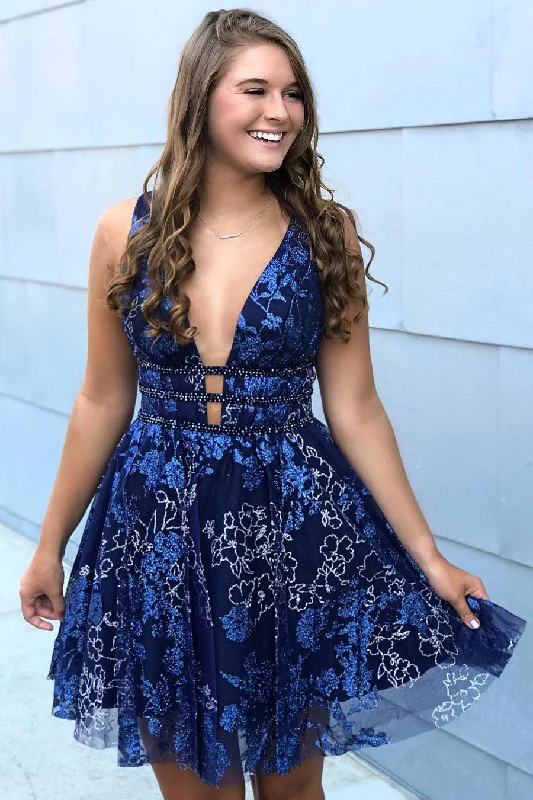 Seasonal Sale Plunging Neck Embroidery Navy Blue Homecoming Dress