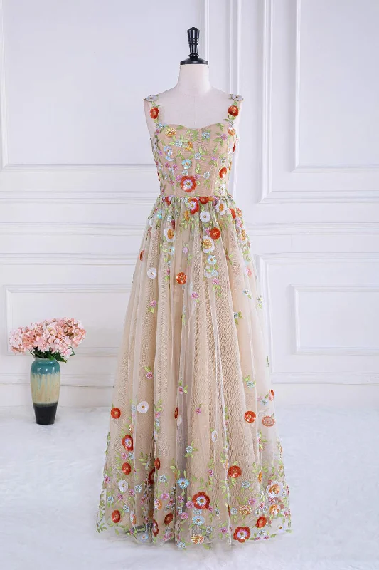 Final Markdown Nude Sequin Floral Appliques A-line Long Formal Gown