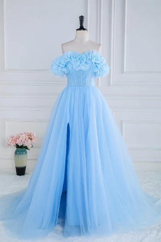 Don't Miss Blue Off the Shoulder Flower A-Line Tulle Prom Dress