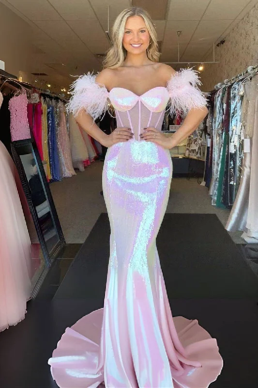 Discount Extravaganza Sweetheart Pink Off the Shoulder Feathered Mermaid Prom Dress