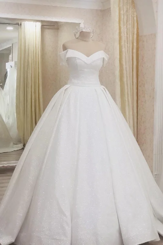 Friends and Family Sale Long Glitter A-line Off Shoulder White Wedding Dress