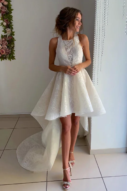 Online Exclusive Princess A-line Halter High Low Ivory Lace Wedding Dress with Train Online Exclusive Princess A-line Halter High Low Ivory Lace Wedding Dress with Train