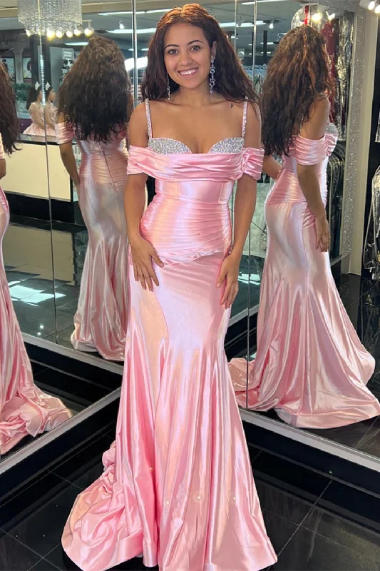 Deal Zone Pink Mermaid Off-the-Shoulder Beaded Pleated Long Prom Dress