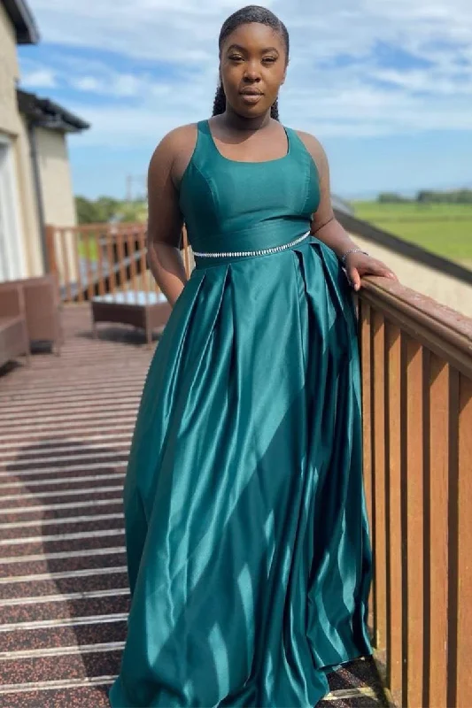 Seasonal Clearance Elegant Square A-line Long Teal Bridesmaid Dress with Belt