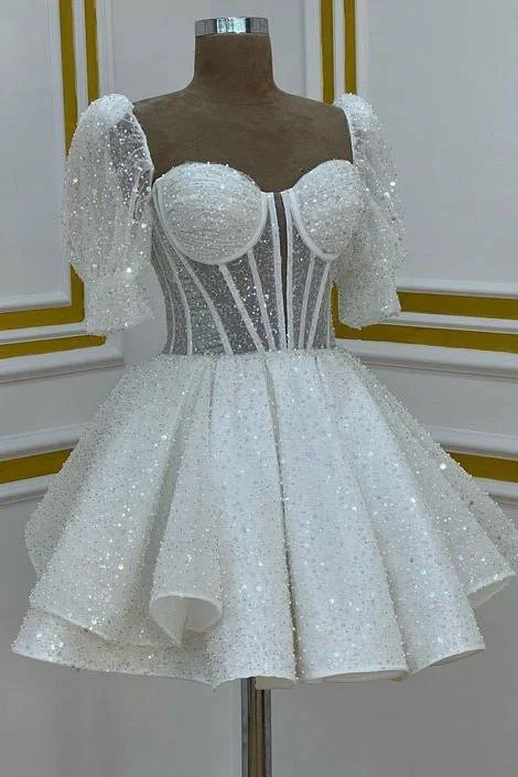 New Arrival Sweetheart White Sequin Short Homecoming Dress with Puff Sleeves
