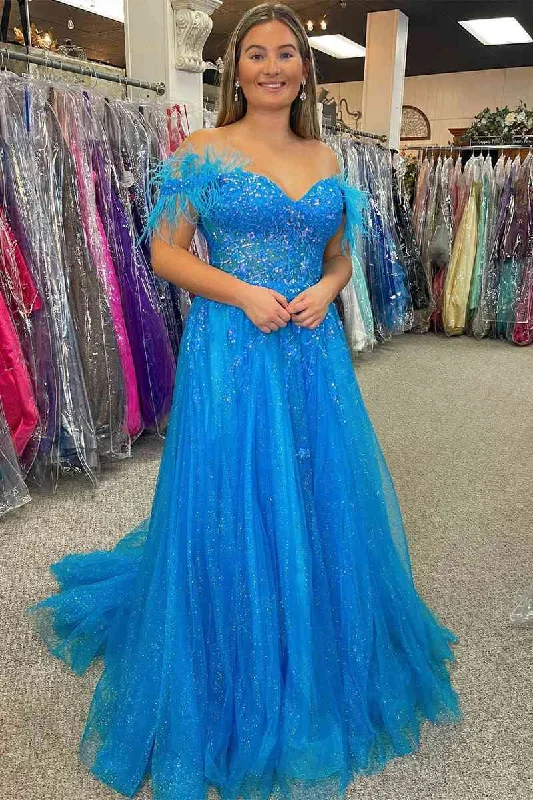 Year-End Clearance Feather Off-the-Shoulder Blue Glitter Long Formal Dress with Pockets