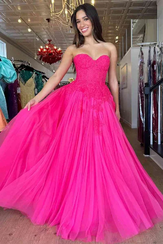Price Buster Hot Pink Sweetheart A-Line Long Party Dress with Appliques
