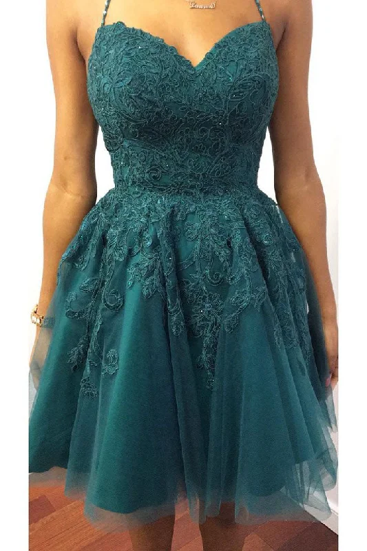 Discount Deals Halter Dark Green  Lace Appliques Short Homecoming Dress