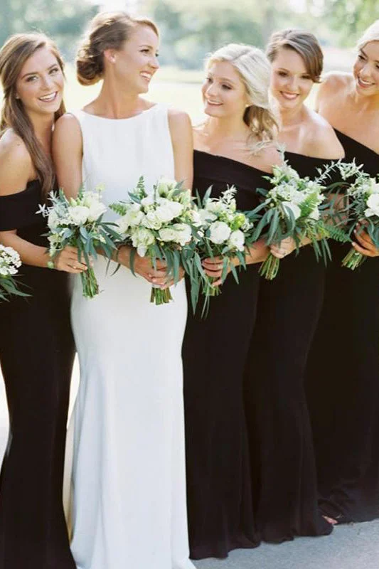 Closeout Off-Shoulder Black Mermaid Bridesmaid Wedding Party Dress