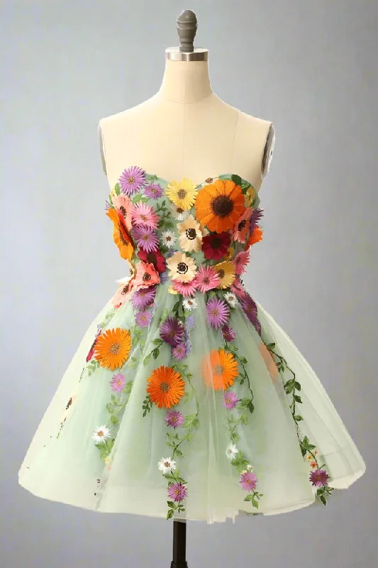 Deep Discounts Sage Green Sweetheart 3D Floral Embroidered A-line Party Dress