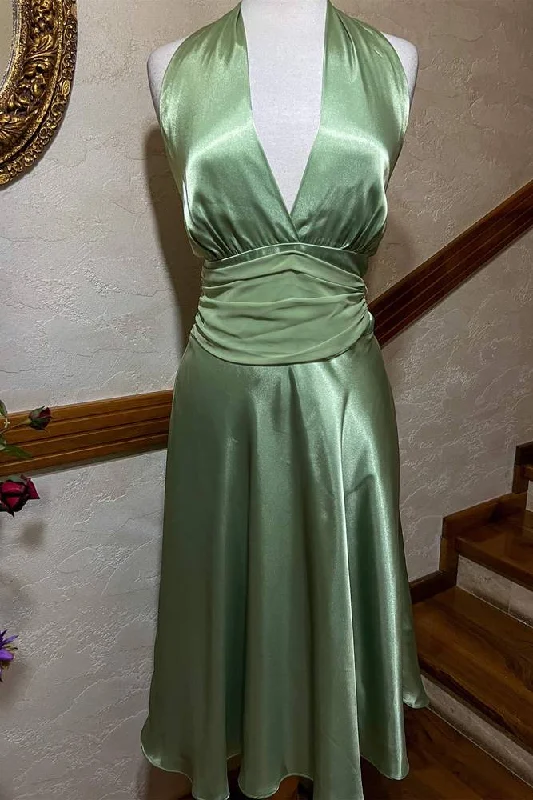 Year-End Sale Halter Green Ruched Satin Midi Dress