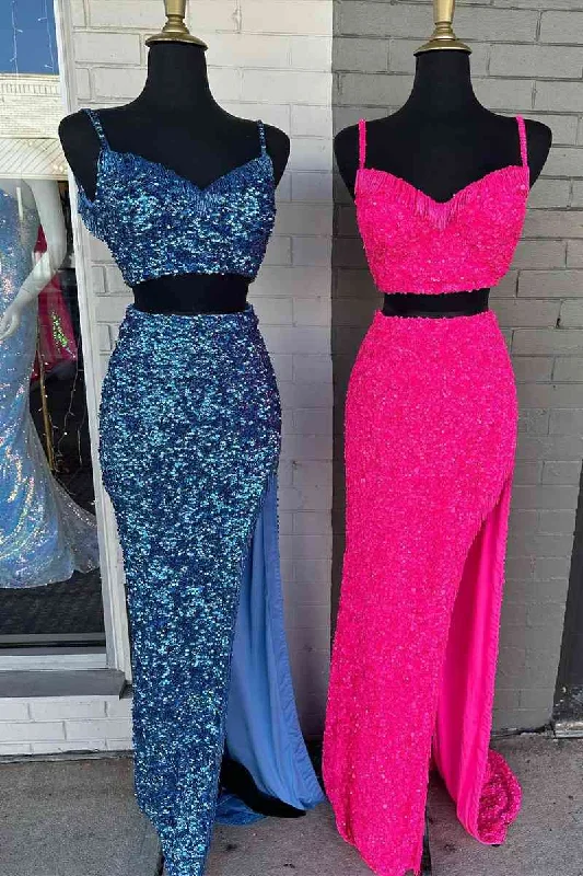 Closeout Sale Mermaid Straps Sequins Slit Separated Long Prom Dress with Tassel
