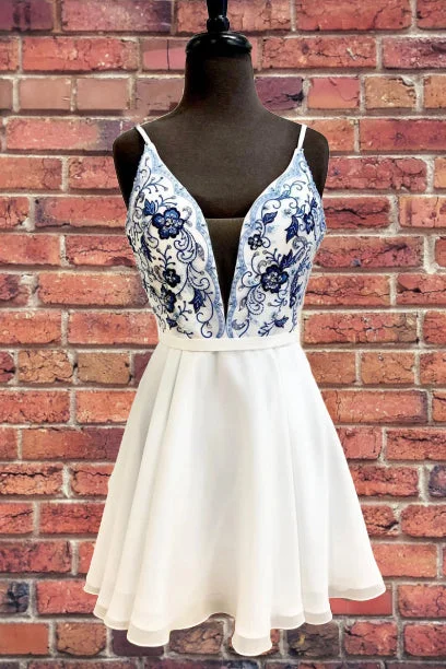 Take Advantage Straps Embroidery Homecoming Dress with Illusion V Inset