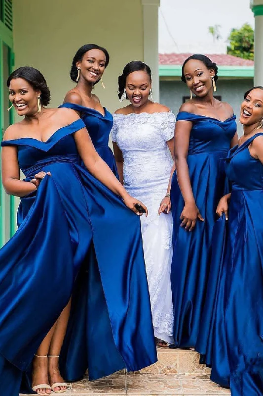 Factory Direct Sale Off the Shoulder Royal Blue Long Bridesmaid Dress with Slit