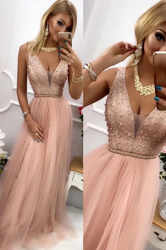 Deep Discounts Gorgeous V Neck A-Line Beaded Blush Pink Long Prom Dress