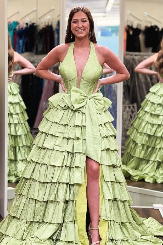 Exclusive Deal Plunging Neck Ruffle Slit Prom Dress with Bow