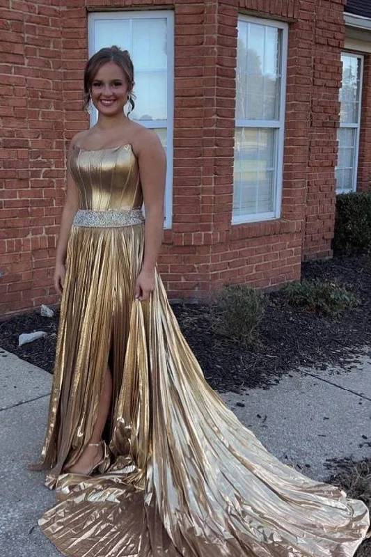 Now or Never Metallic Gold Strapless Beaded Prom Dress with Slit