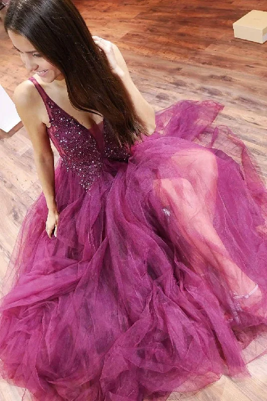 Huge Discounts Floor Length Open Back Plum Beaded Prom Dress