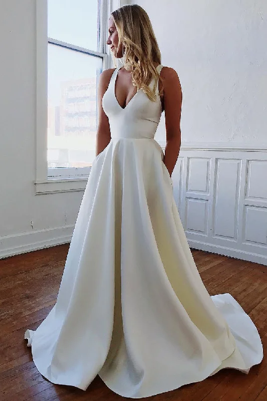 Amazing Deals Long A-Line V-Neck White Wedding Gown with BowKnot
