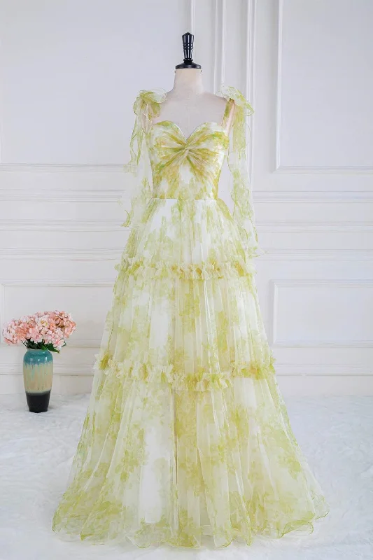 Don't Wait Tie Straps Yellow Floral Print Ruffles Tulle Long Prom Dress