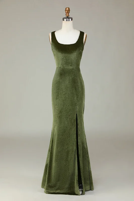 Anniversary Sale Square Neck Olive Green Velvet Slit Long Bridesmaid Dress