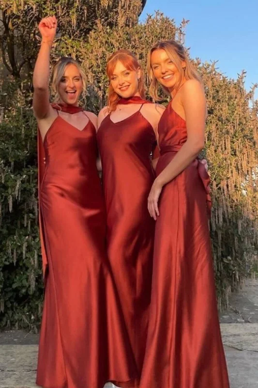 Price Cut Spaghetti Straps Rust Red Long Mismatch Bridesmaid Dress