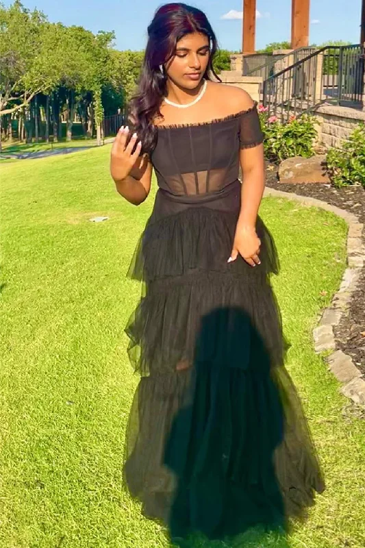 Act Fast Off the Shoulder Black Tiered Tulle Long Prom Dress